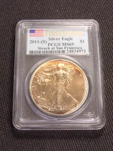 2011-S AMERICAN SILVER EAGLE 1oz .999 FINE SILVER PCGS GRADED MS69 NICE TARNISH! - Picture 1 of 2