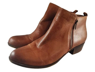 Lucky Brand Basil Women's 13M Toffee Leather Side-Zip Ankle Boots Low Block Heel - Image 1 of 4