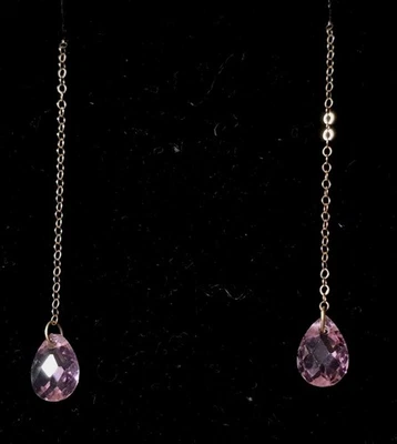 10k Yellow Gold Pink Teardrop threader Chain Dangle Drop Earrings - Image 1 of 4