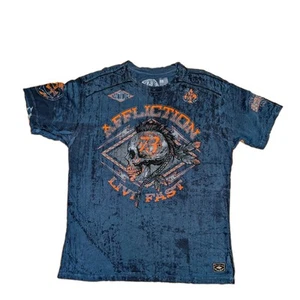 Affliction 2XL American Customs Blue Distressed Indian Skull Graphic Biker Shirt - Picture 1 of 10