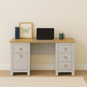 Grey Computer Desk with Drawers Oak Top Modern Home Office Workstation Table - Picture 1 of 7