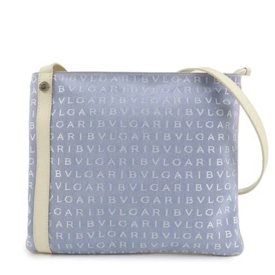 Auth BVLGARI Logo Mania Leather Canvas Shoulder Bag Ivory Light Blue Used F/S Foto 1 de 4
