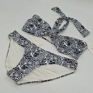 PHAX Bikini Set Womens Large Alma Halter Bandeau Hipster Bikini Set Black White - Picture 1 of 14