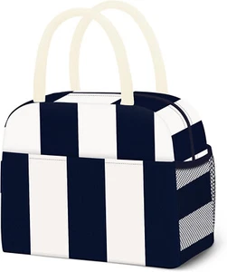 Vertical Stripe Oxford Lunch Box Tote Bag High Capacity Insulated For Travel - Picture 1 of 7
