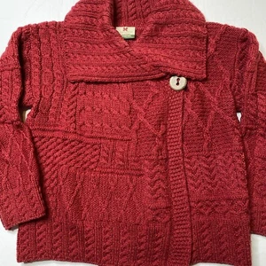 Carraig Donn Woman Red Merino Wool One Button Patchwork Wrap Cardigan Sweater XS - Picture 1 of 8