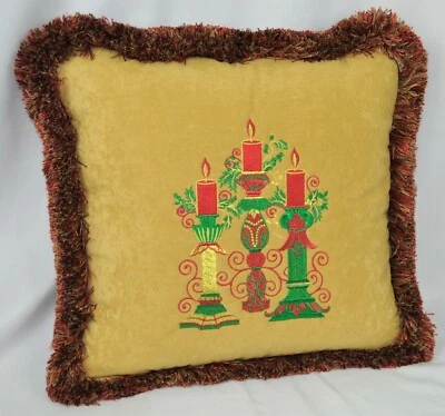 Holiday Christmas Candles Embroidered Pillow made w Gold Faux Suede Fabric 16" - Image 1 of 3