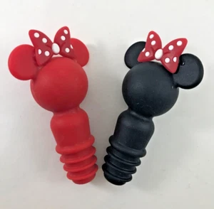 Disney Minnie Mouse Wine Stopper/Cork Set of 2 Black & Red Rubber Dotted Bow - Picture 1 of 5