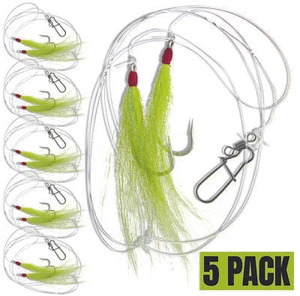 5er Pack Chartreuse Fluke Flounder Hi/Lo Rig - Bucktail Teaser Haken - 5/0 - Bild 1 von 1