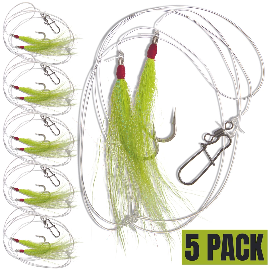 UNCLE MO'S TACKLE 5 Pack Chartreuse Fluke Flounder Hi/Lo Rig – Bucktail Teaser Hook – 5/0