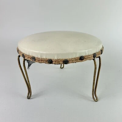 Antique Victorian Foot Stool Upholstered Metal Feet White Gold Leather Round - Image 1 of 4
