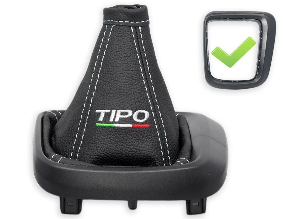 PER FIAT TIPO 2015-2025 CUFFIA LEVA CAMBIO PELLE NERA RICAMO BIANCO + TELAIO - Image 1 of 4