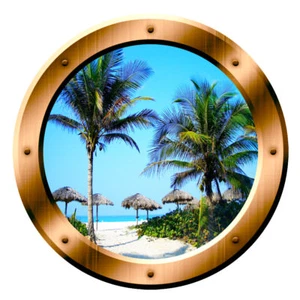 VWAQ Beach Scene Wall Decal Porthole Palm Trees Window Sticker Wall Art Peel  - Picture 1 of 2