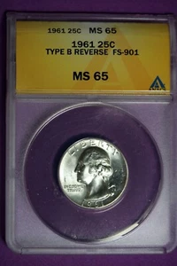 1961 - ANACS MS65 TYPE B REVRSE FS-901 WASHINGTON QUARTER!!  #B28575 - Picture 1 of 2