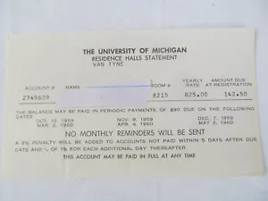1959-60 Università del Michigan Residence Halls Dichiarazione Vintage Ephemera A - Foto 1 di 4