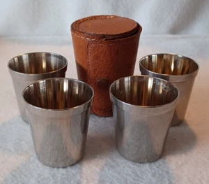 COLLECTIBLE SET OF 4 METAL SHOT TUMBLERS IN LEATHER CASE(GERMAN + ENGLISH MAKES) - Picture 1 of 24