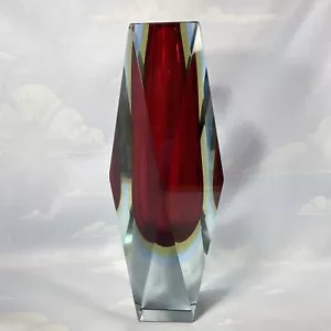 Vintage Ruby Red /Yellow/Blue/Clear Geometric Art Glass Vase 8” - Picture 1 of 9