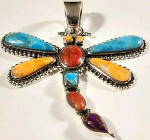 925 STERLING DRAGONFLY SPINY OYSTER & TURQUOISE 1 7/8" x 1 5/8" PENDANT 6.7g - Picture 1 of 3