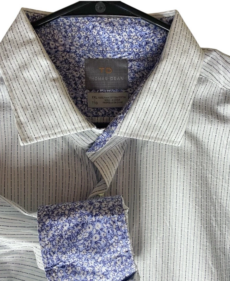 Camisa social masculina Thomas Dean 2XL listrada azul branca punhos flip algodão pima - Imagem 1 de 4