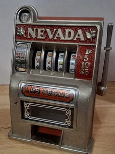 Vintage Working Metal Las Vegas Nevada Mini Slot Machine Toy Gambling Bank 12" - Picture 1 of 10