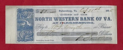 Parkersburg, VA, now in WV, 1855 NORTH WESTERN BANK OF VA illus check for $50 - Image 1 of 2