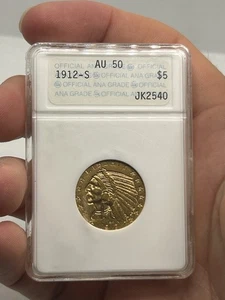 Moneda de $5 de media águila de oro indio 1912-S - ¡Antigua de colección soporte ANA AU-50! Fecha rara* - Imagen 1 de 12