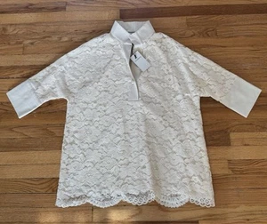 Bluse Biesen elfenbeinfarben Spitze Weidenkragen Knopf gewellter Saum Größe Large neu mit Etikett - Bild 1 von 7