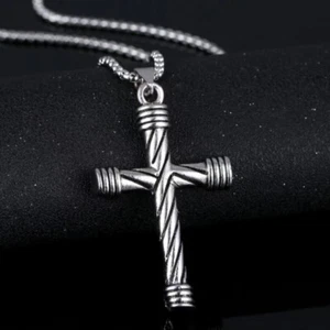 Men's Silver Cross Pendant Necklace Religious Christian Jewelry Chain 24" Gift - Picture 1 of 4