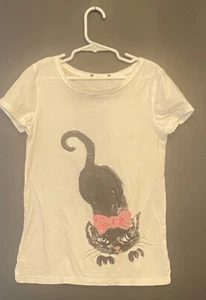 H&M Kids Large Cotton T- Shirt Black Cat Pink Sequin Halloween - Picture 1 of 6