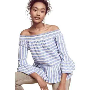 Top Anthropologie Maeve a Rayas Fuera del Hombro Manga Campana Azul Mediano Pequeño - Imagen 1 de 10