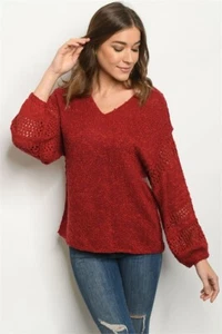 Burgundy Red Long Sleeve Sweater Size Medium Large Puff Sleeve V Neck - Picture 1 of 2