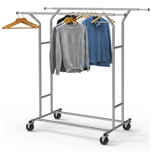 Double Bar Heavy Duty Commercial Garment Rack Rolling Collapsible Clothing Shelf - Picture 1 of 16
