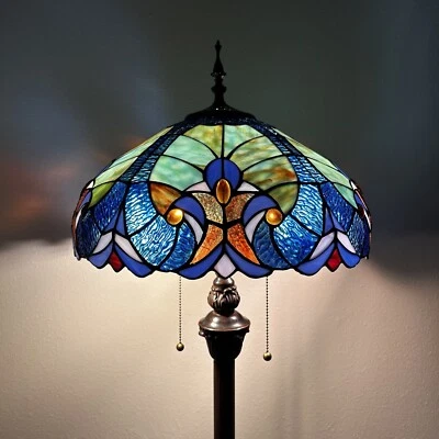 Tiffany Style Floor Lamp Green Blue Stained Glass Metal Base LED Bulbs 64”H16"W - Image 1 of 4