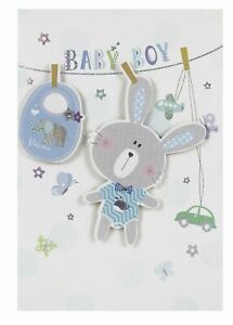 Handmade Blue New Born Baby Boy Rabbit Card Embossed Design