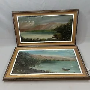 Lake & Boat Scenes Landscape Original Oil Paintings x2 R C Britton 17"x12" - Picture 1 of 17