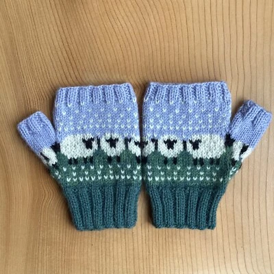 Sheep pattern mitts women, blue and white, 100% wool medium - Image 1 of 2