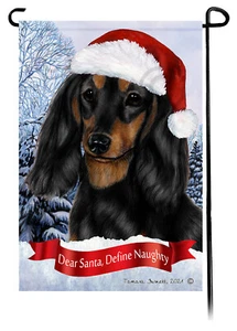 Lieber Weihnachtsmann, definiere freche Gartenfahne - langhaariger schwarz-brauner Dackel 049E - Bild 1 von 1