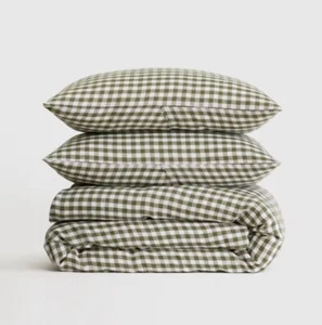 NWOT QUINCE EUROPEAN LINEN KING / CAL KING DUVET COVER SET OLIVE GINGHAM  W/PCS - Picture 1 of 16