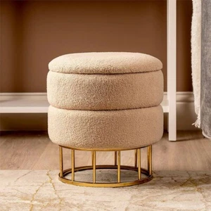 Beige Boucle And Gold Metal Round Storage Ottoman Stool - Picture 1 of 8