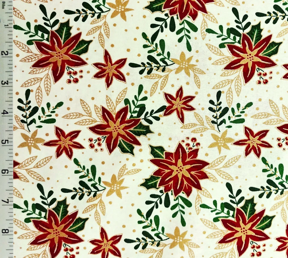 Crema Flor de Pascua Tradicional Acebo Metálico Dorado Tela Algodón Vacaciones de Navidad Foto 1 de 1