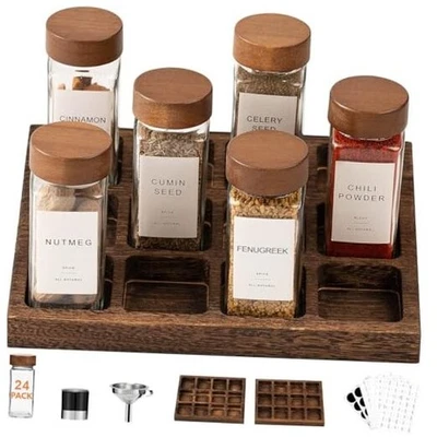  24 frascos de especias de vidrio con etiquetas - 4 oz tapa de madera de acacia cuadrada 24+2 piezas estante Foto 1 de 4
