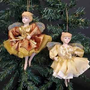 Vtg Porcelain Angel Fairy Ballerina Christmas Ornament Handpainted Set Of 2 - Picture 1 of 12