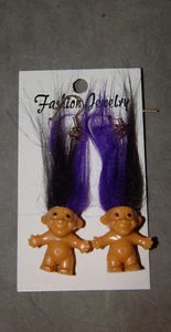 Troll Doll 1" Good Luck Bingo Football Sports Black / Purple Pierced Earrings - Picture 1 of 1