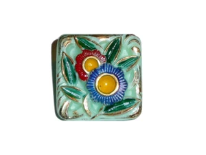 Pretty Flower Vintage Czech Square Glass Shank Button Green & Multi Colr 1-1/4" - Picture 1 of 5