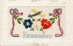 AERPLANE & BATTLEFIELD FLOWERS: 1916: WW1 PATRIOTIC EMBROIDERED SILK POSTCARD - Picture 1 of 1