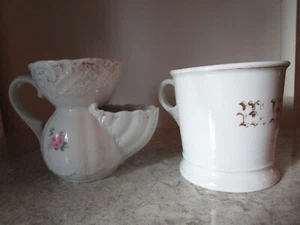 Menge 2 Vintage Schnurrbart Schiffchen und Becher Rasur Porzellan Schale und Blumen  - Bild 1 von 12