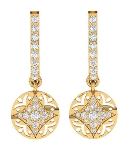 SI1 G 0.60 Carat Round Cut Diamond 14K Yellow Gold U Shape Dangle Hoops Earrings - Picture 1 of 10