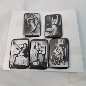 Vtg Bettie Page Pinback Button Set of 5 3" x 1.75" New on Card in Bag Rare - Picture 1 of 9