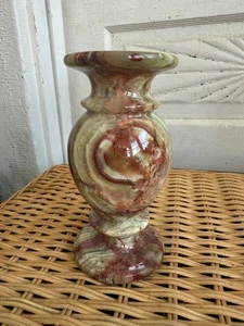 Vintage 70's Green & Brown Banded Onyx Agate Vase 6" Heavy Boho - Picture 1 of 8
