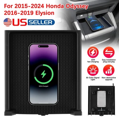 Caja de almacenamiento cargador rápido inalámbrico de coche de 15 W carga para Honda Odyssey 2015-2024 Foto 1 de 4