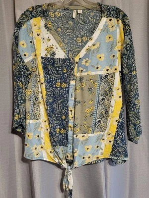 Corbata mediana Cato azul amarillo oliva boho estampado cachemir manga 3/4 abotonada Foto 1 de 4